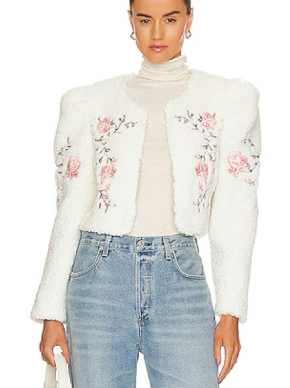 Tularosa White Cropped Teddy Jacket with Pink Floral Embroidery